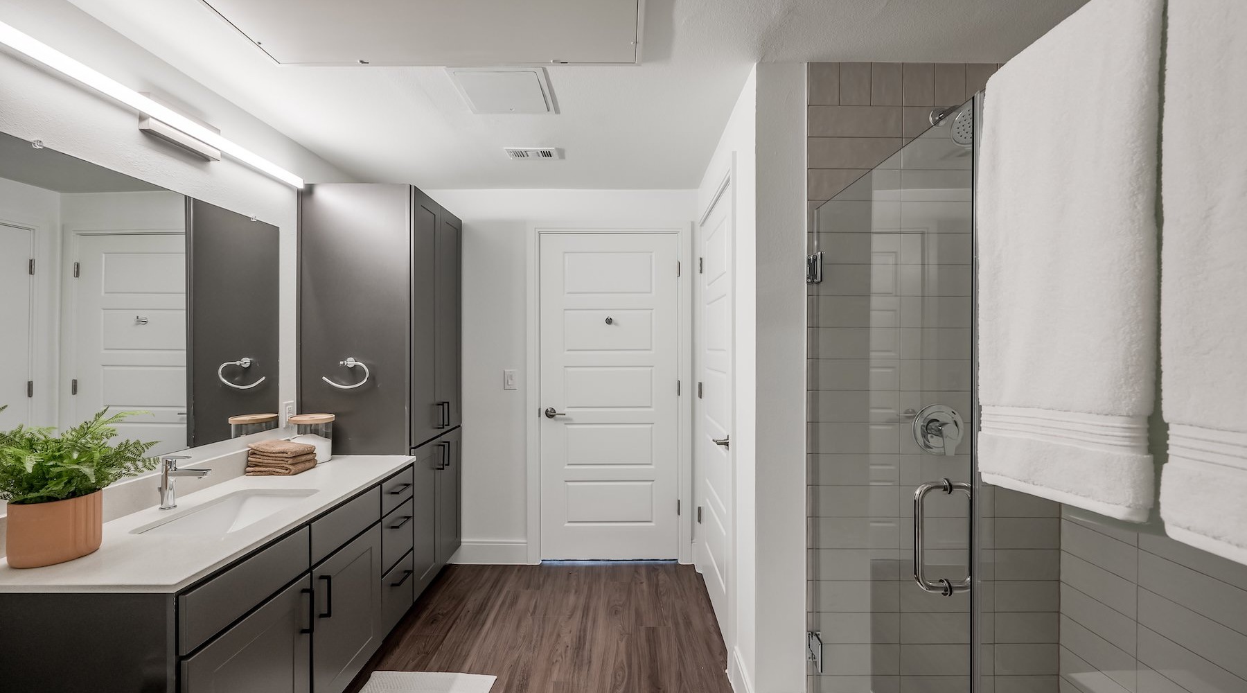 a bathroom with a shower and a sink